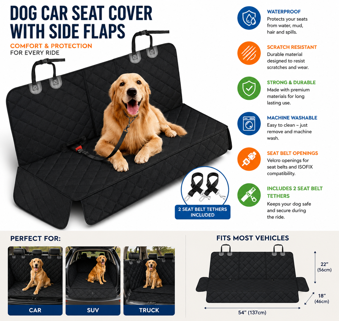 Waterproof Dog Car Seat Cover – Non-Slip Back Seat Protector