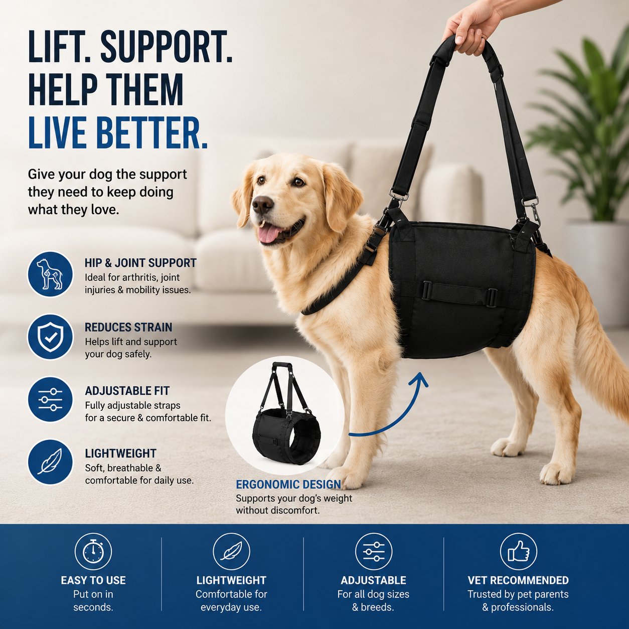 Dog Lifting Sling – Adjustable Mobility Support Harness